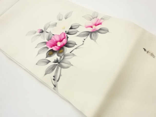 作家物　塩瀬金彩手描き椿模様名古屋帯